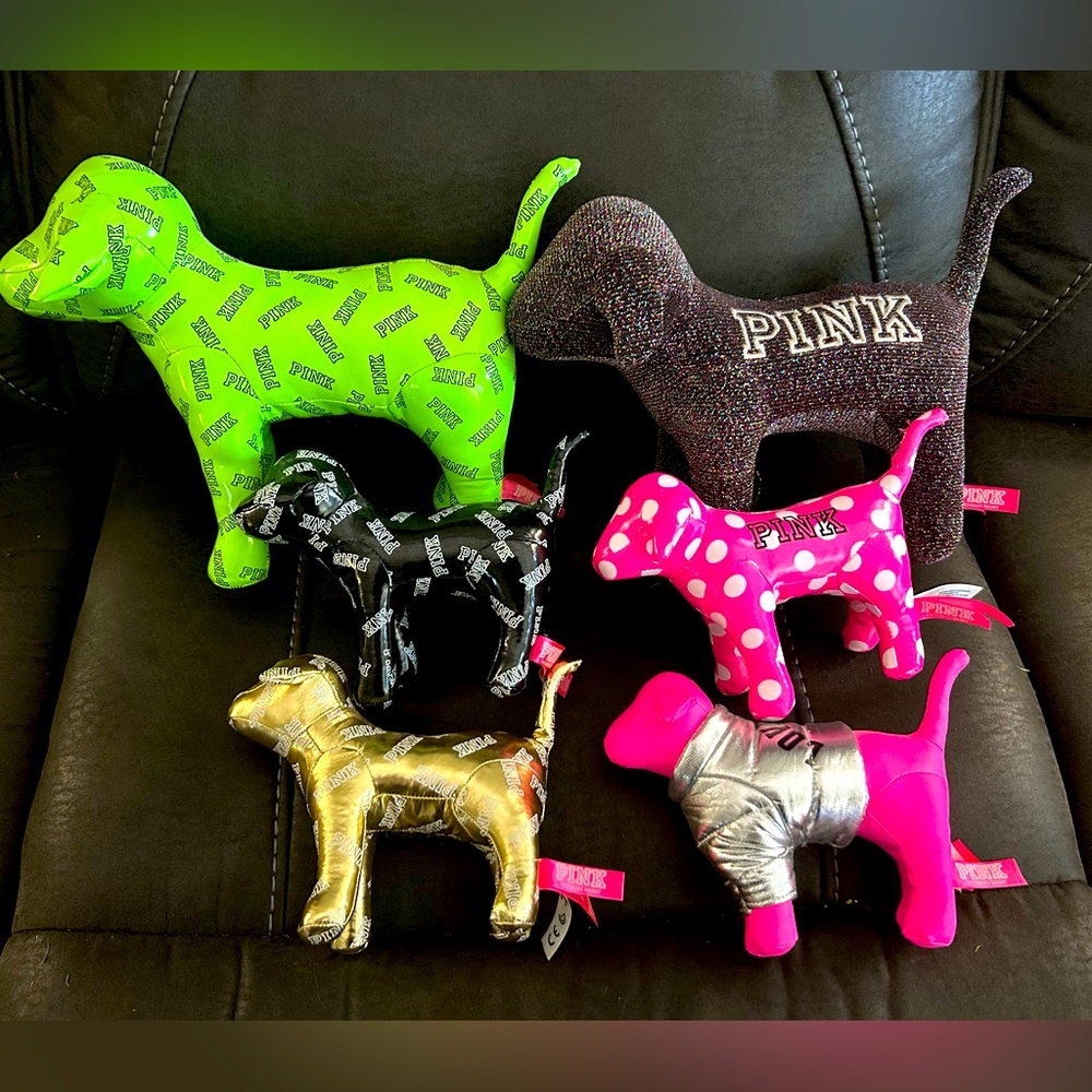 2 large and 4 small Victoria Secret plush dogs